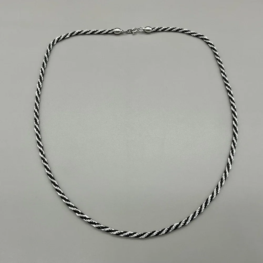 Vintage Trifari Necklace Silver Tone Black Twisted Rope Chain Womens Jewelry 22